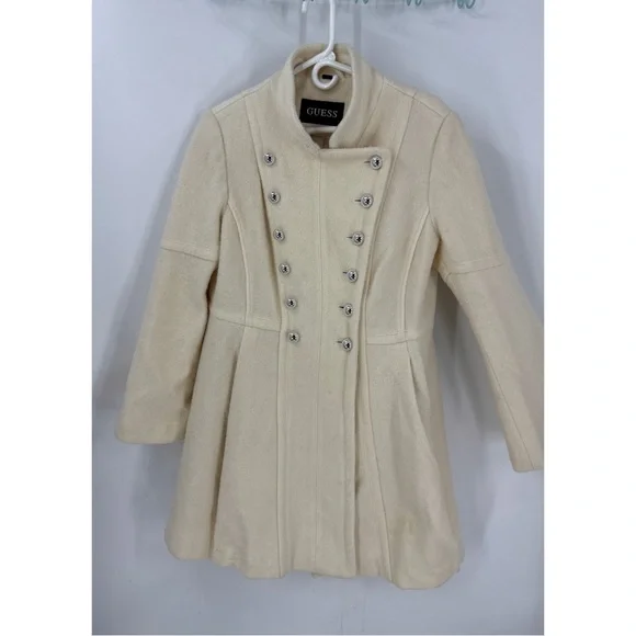Guess wool blend white/cream military style pleated skirt, pea coat L