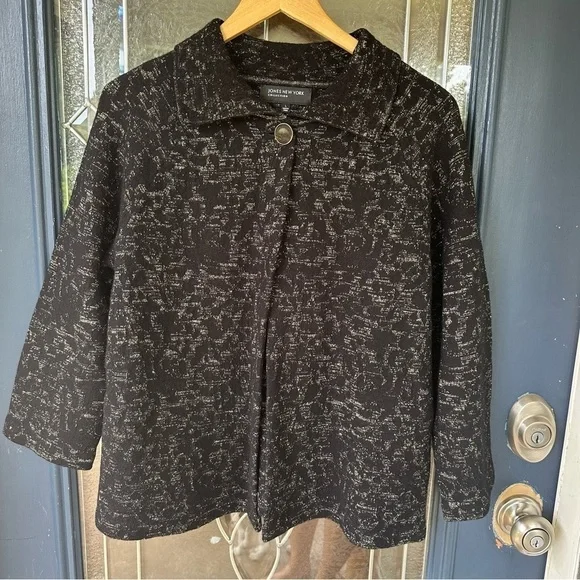Jones New York Wool Metallic Cropped Sleeve Large Single Button Collared Jacket