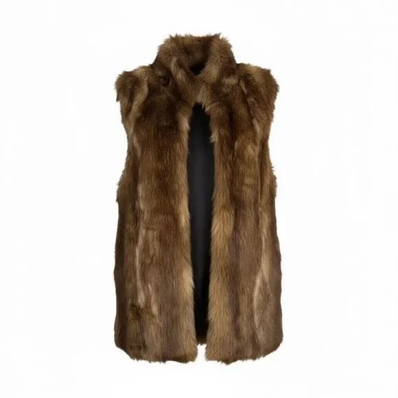 Universal Thread Faux Fur Open Front Stand Up Collar Lined Vest Brown OSFM