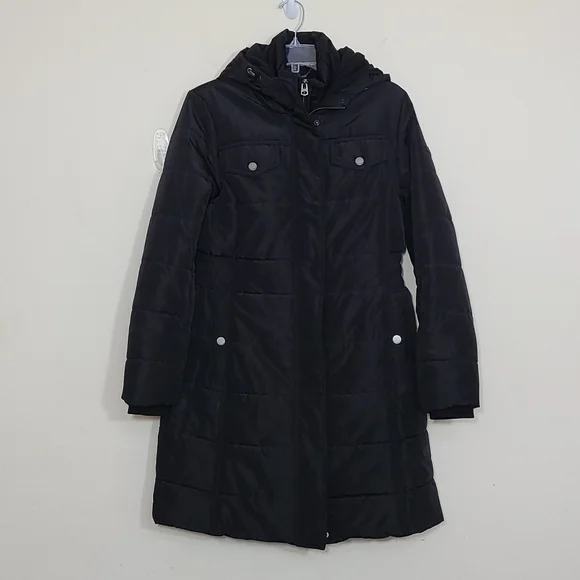 Lucky Brand Double Zip Hooded Puffer Women's Long Jacket Black Size S