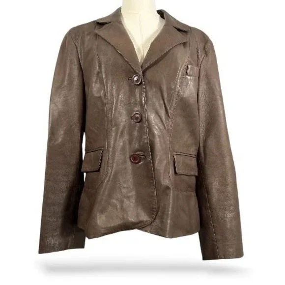 Tahari Leather‎ Blazer Jacket Womens Size L Brown Button Up Long Sleeve Career