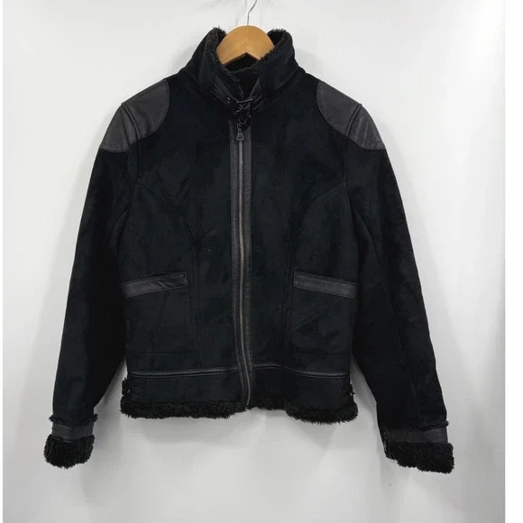EXPRESS Black Faux Suede‎ Fur Lined Moto Jacket Womens Size Large