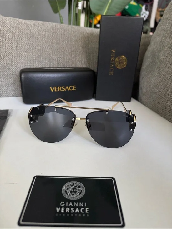 Versace Gold Rimless Sunglasses with Black Lenses