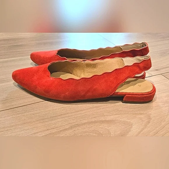 Anthropologie scalloped suede pointed toe slingback flats