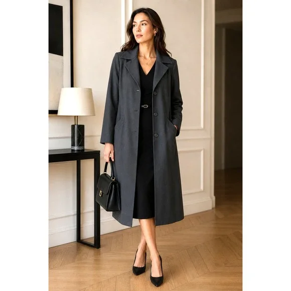 AGNES B Charcoal Wide Collar Coat Size 6-8 Lined Pockets Quiet Luxury France