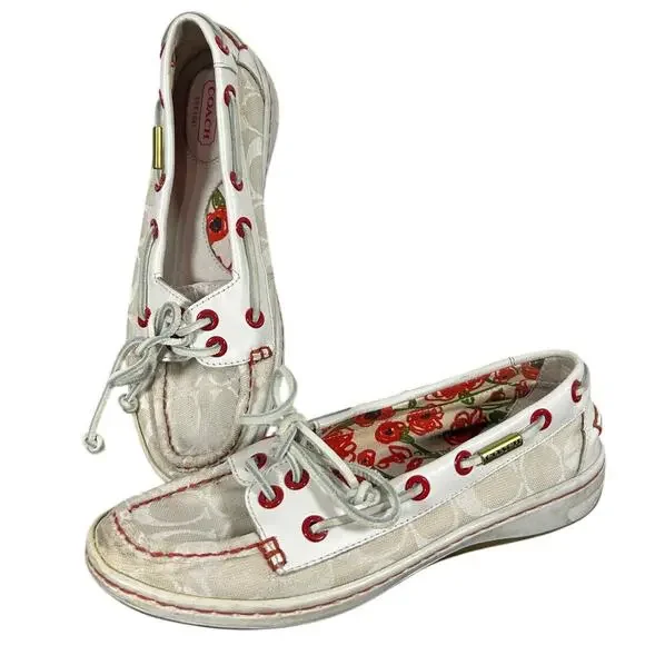 Preowned COACH boat shoe slip on- Sz 6M some overall wear- beige with red accent