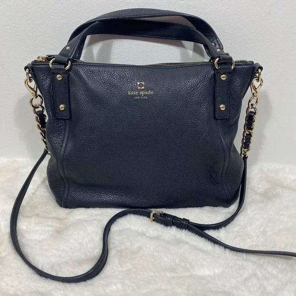 Kate Spade NY Black Pebbled Leather Convertible‎ Shoulder Handbag Gold Chain