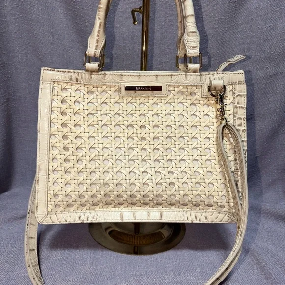 Brahmin Ivory Woven Leather Satchel with Croc Trim