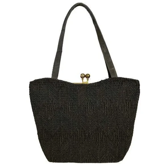 Vintage Corde Chevron Black Satchel Handbag 1940s Embroidered Hinged Frame Purse