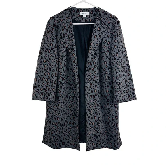 Nine West Gray Leopard Print Open Front Coatigan Cardigan Jacket Chic