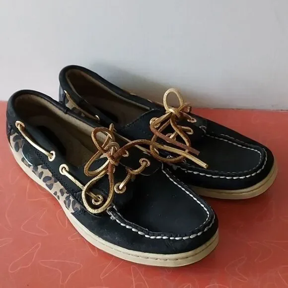 Sperry Women's Sz 6 Top-Sider Animal Print Boat Shoes Brown Leather Slip On‎