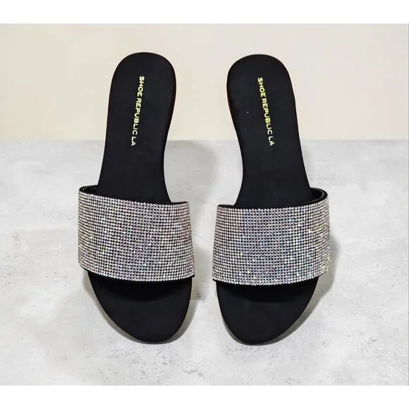 Rhinestone Embellished Slide Sandals Black Sole Multicolor Sparkle Band