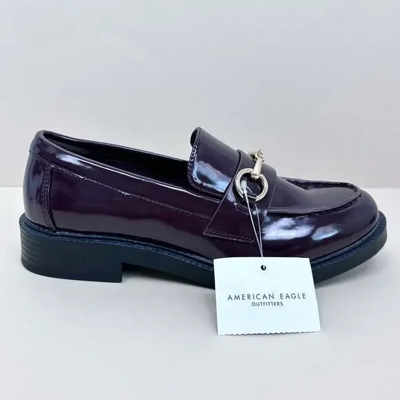 American Eagle SIZE 7 Faux Patent Leather Horse Bit Wineberry Duchess Loafer NWT