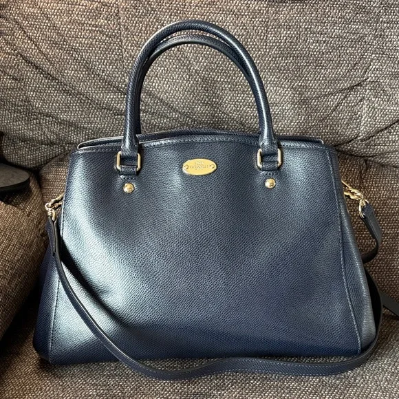 Coach Navy Pebbled Leather Satchel with Gold Hardware EUC