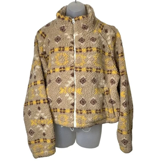 Love Tree Sherpa Jacket Aztec Print Zip Up Womens Large Teddy Bear Soft Gorpcore