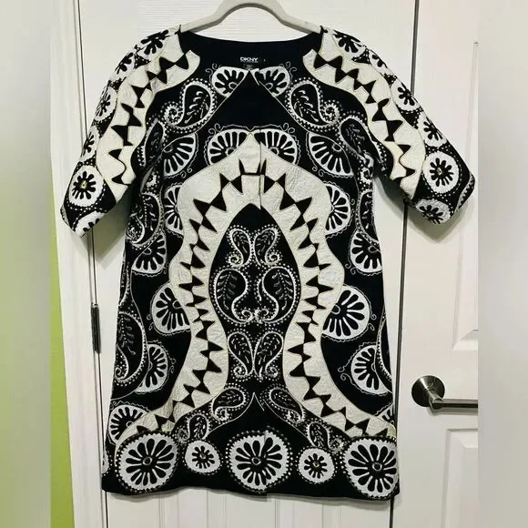 DKNY Women’s Black and White‎ Embroidered Dress Coat Size P
