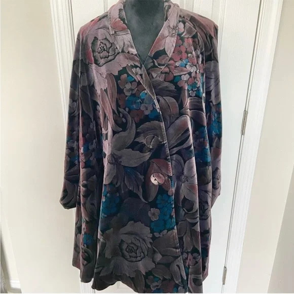 Vintage TOZAI de BALL VELVET Floral Swing PeaCoat Cover Jacket Size Small