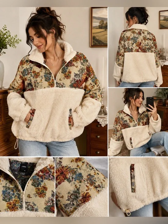 Cider XL Cat Tapestry Sherpa Half Zip Pullover Cottagecore Grandmacore Fleece