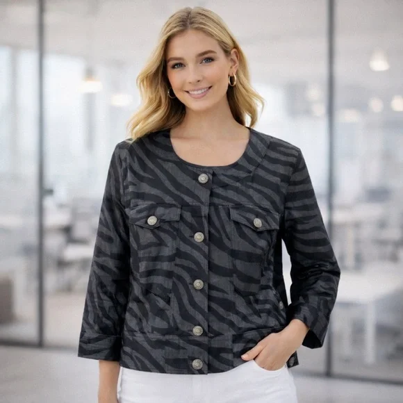 Sandro Paris Women's Zebra Print Cropped Jacket Petite Large Black Gray Office