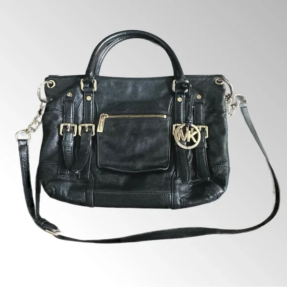 Michael Kors leather‎ satchel purse handbag McGraw black gold hardware crossbody