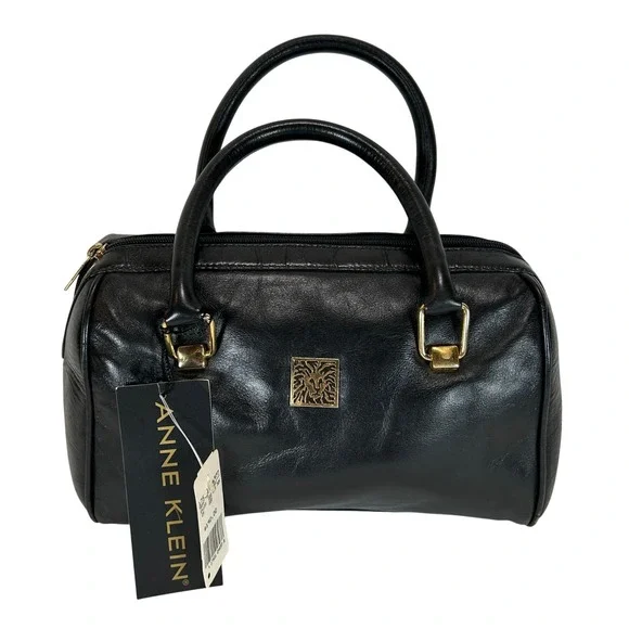 Anne Klein Vintage Black Leather Satchel Crossbody Bag Gold Lion Logo NWT