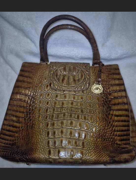 Brahmin Brown Croc-Embossed Satchel with Gold Charm