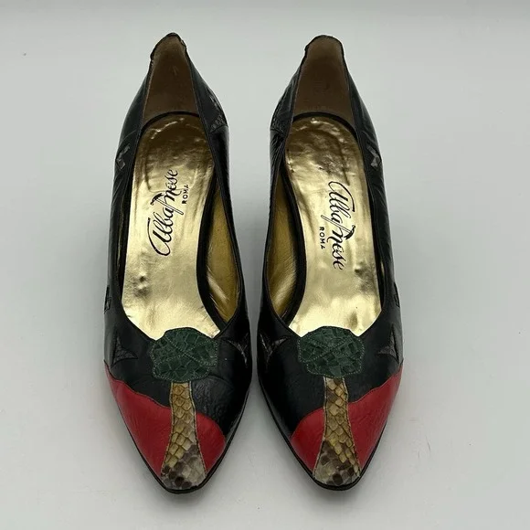 Vintage Albanese Roma Italy Leather Women Flat‎ Snakeskin Shoes Size 9.5 EUR 40