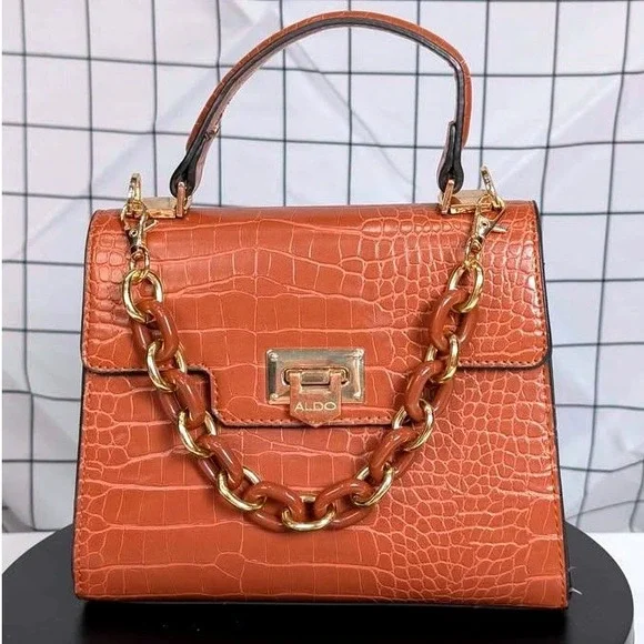 Aldo Top Handle Bag ~ Medium Brown Croc Embossed ~ Gold Chain Satchel