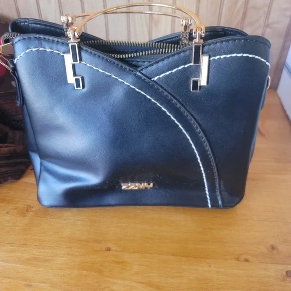 ZZMY Black Top Handle Bag Gold Accent Modern‎ Satchel Crossbody Handbag Women