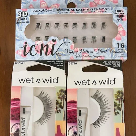 Wet N‎ Wild and Ioni NEW 3 Packages Lash Extensions Eyelashes Glue Natural Short