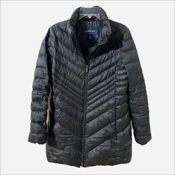 Lands’ End Longer Length Front Zip Down Puffer Coat Parka NO Hood Pockets Black