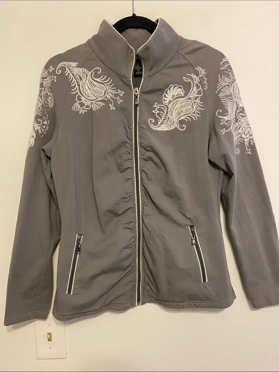 Boston Proper Gray Embroidered Zip Jacket. Pockets on either side.
