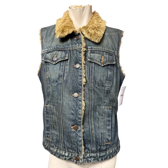 Y2K Gap Vintage 90s Denim Faux Fur Lined Vest Blue Medium