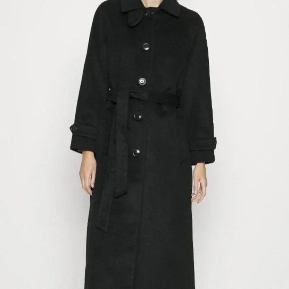 Lauren Ralph Lauren Maxi Wool Blend Trench Coat Black Belted Size 14 Style 25069