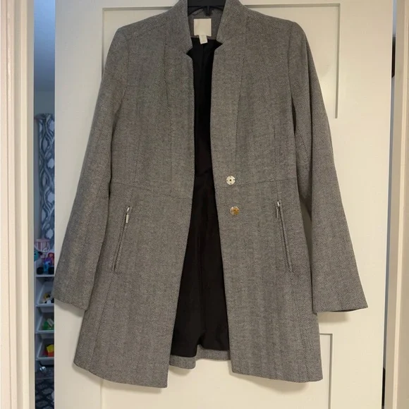 H&M Gray Textured Pea Coat with Zip Pockets