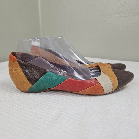 Lucky Brand Petra Patchwork Flats Sz 10 Tan Aqua Coral Brown Leather Pointed Toe