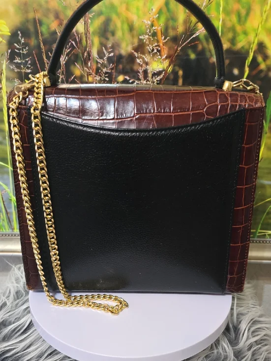 Bally Vintage Leather Satchel Croc Embossed Top Handle Bag Black Brown