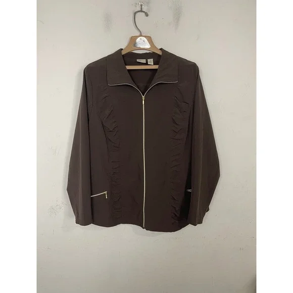 Chicos Zenergy Brown Ruffle Full Zip Jacket Womens Size‎ 3 Large XL Performance