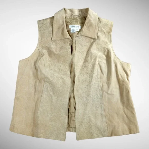 Coldwater Creek Leather Vest Size Large Beige Floral‎ Embossed