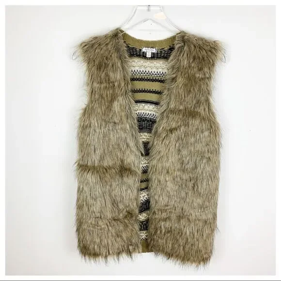 Eyeshadow Faux Fur‎ Vest w/Patterned Knit Back M