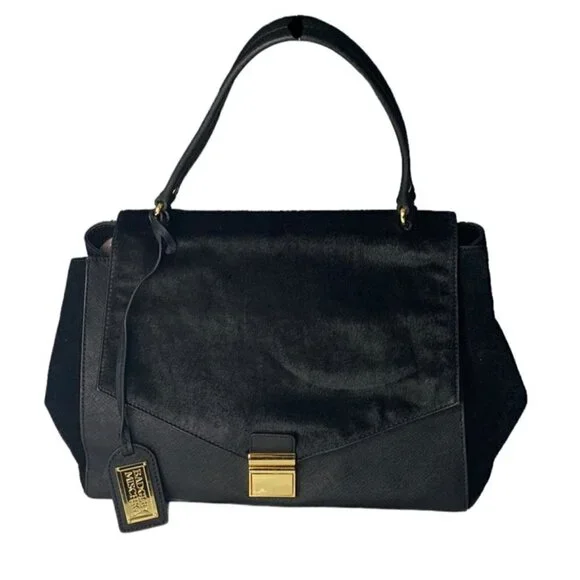 Badgley MISCHKA Black Leather/Calf hair Top Handle Satchel Handbag