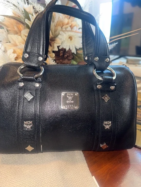 MCM Black Leather Boston Satchel with Silver Hardware