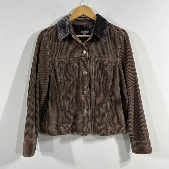 J. Jill Brown Corduroy Chore Trucker Jacket Velvet Collar Womens Medium 90s Farm