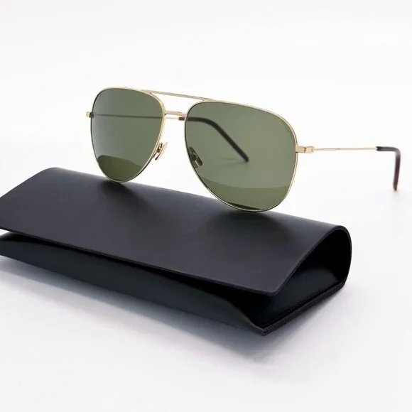 NEW SAINT LAURENT CLASSIC 11 028 AVIATOR UNISEX GOLD GREEN SUNGLASSES CLASSIC 11