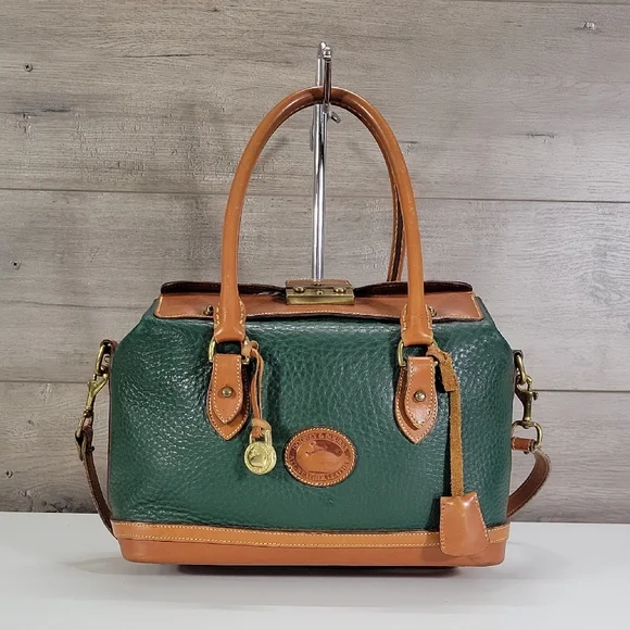 Vintage Dooney & Bourke Green Pebbled Leather Satchel with Tan Trim and Handles