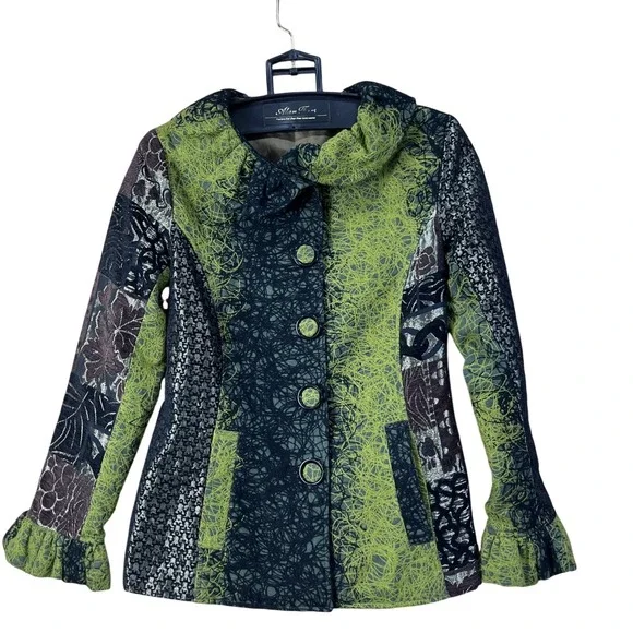 Lindi Jacket Womens S Green Black Silk Blend Art to Wear Patchwork Ruffle Cuff