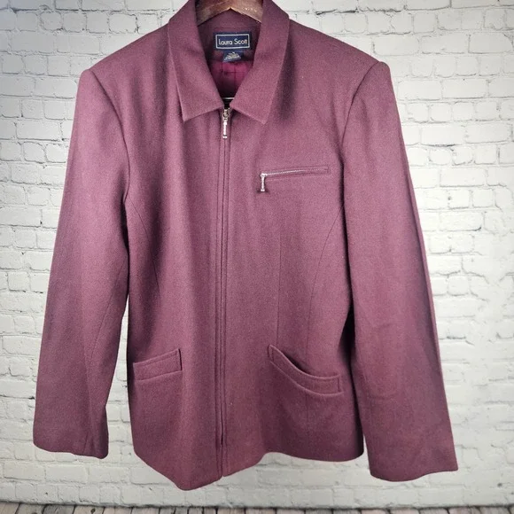 Laura Scott Womens 14 Burgundy 100% Wool Zip Front Jacket Vintage Collared Coat