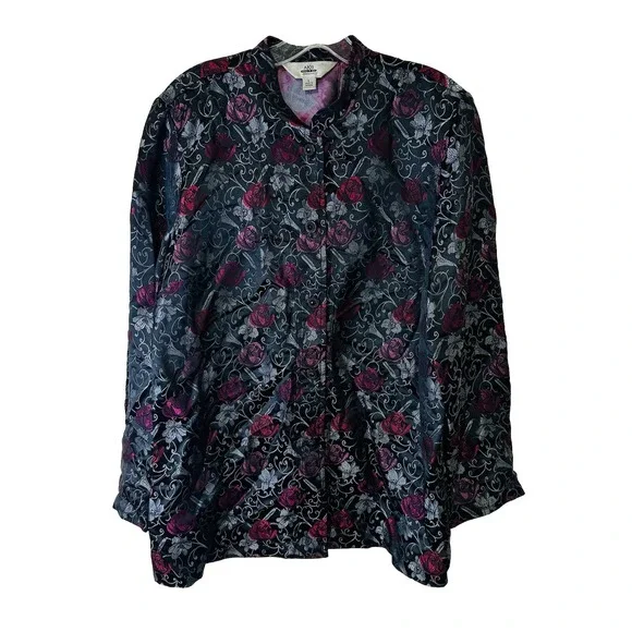 Amy‎ K Su Vintage Black Lightweight Jacket Pink Roses Women's Size L - AKS