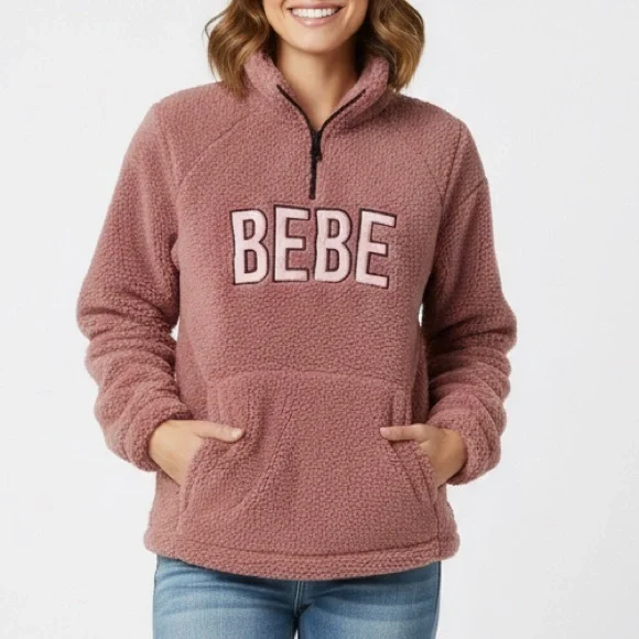 Bebe Sport Pink Sherpa Fleece Pullover Women’s XL 1/4 Zip Cozy Sweatshirt Jacket