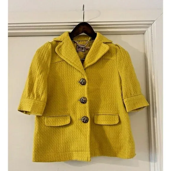 Sz 4‎ JUICY COUTURE Yellow Boucle Wool Metallic Shimmer Glimmer Jacket Blazer